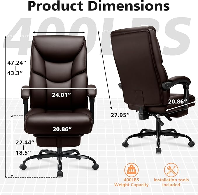 WAILOR 400lbs Office Chair with Foot Rest, Reclining Big and Tall Office Chair with Lumbar Support, High Back PU Leather Computer Chair,Comfy Desk Chair for Home Office (Casual) (Brown)