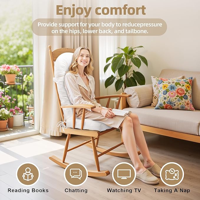 Rocking Chair Cushion - Corduroy Fabric, High-Density Sponge, Durable Comfort Non-Slip Bottom Tufted Seat Pads with Ties, Corduroy︱White, 44x19x4 inch