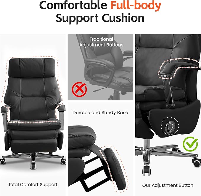 Big and Tall Executive Office Chairs with Footrest, Ergonomic 360° Swivel Desk Chair High Back Recliner, Manual 150° Reclining Computer Gaming Chair with Wheels for Home Office Faux Leather, Black