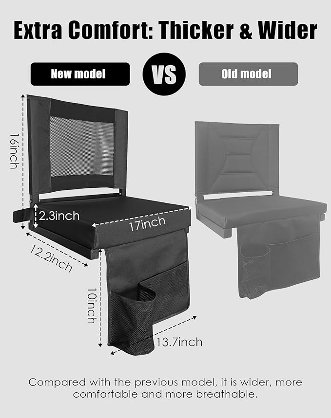 Stadium Seats for Bleachers with Back Support, Bleacher Chairs with Backs and Cushion Wide, Portable Folding Seats with Magnetic Bottom Strips, Includes Shoulder Strap - Black (1, Black)