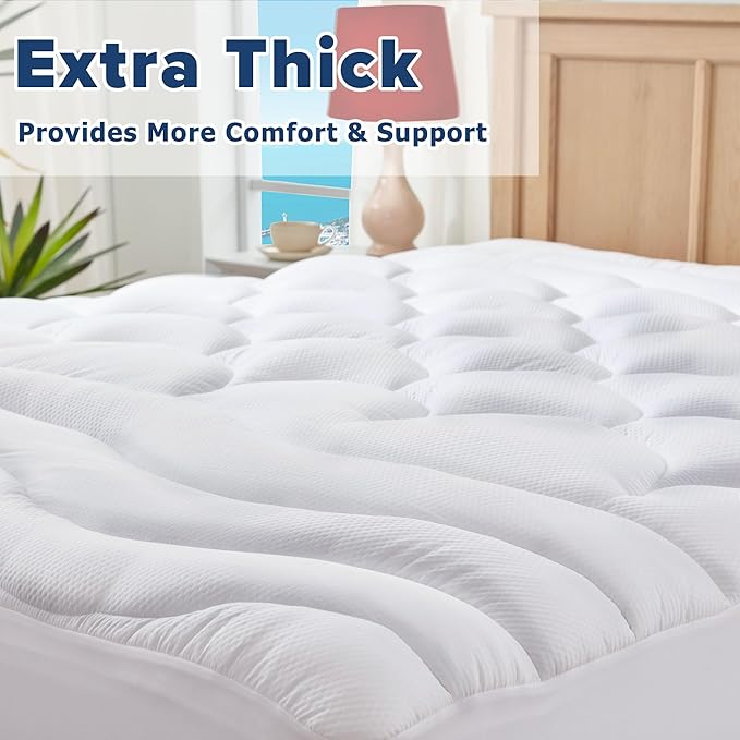ELVEN HOME Queen Mattress Pad for Back & Hip Pain Relief, Pillow Top Cooling Bed Topper Quilted Fitted, Hotel Quality Deep Pocket Soft Queen Mattress Protector Cover Washable (60x80 inch, White)