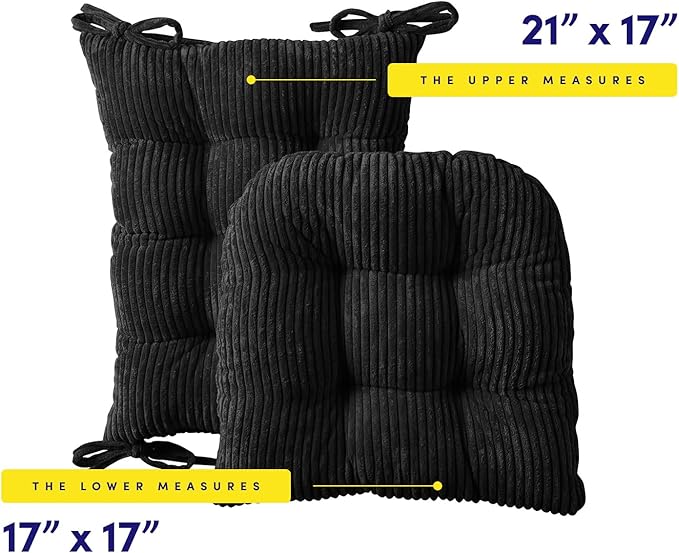 Rocking Chair Cushion Premium Tufted Pads Non Skid Slip Backed Crushed Velvet Cover Set of Upper and Lower with Ties, 21 in x 17 in | 17 in x 17 in, Velvet Black