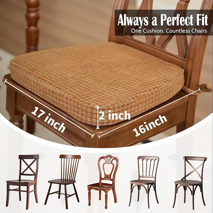 2'' Thick High-Density Foam Indoor Chair Cushions | Dining Chair Pads with Ties, Removable Washable Cover, Kitchen Chair Cushions 17"x16", Orange Plaid 2 Pack