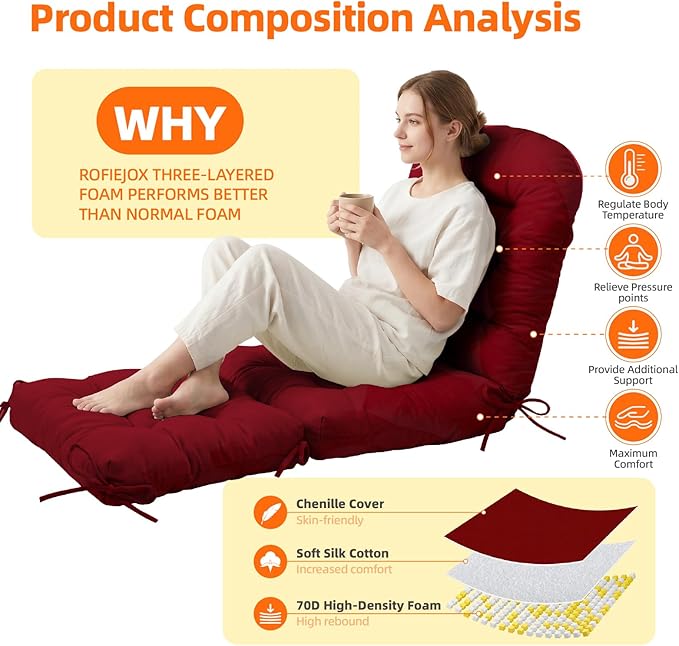 Rocking Chair Cushion Set - Soft Chenille 2-Piece Seat & Ottoman Pad, Tufted Non-Slip Design, High-Density Foam Nursery Glider Cushions, All-Season Indoor/Outdoor Rocker Comfort, Red