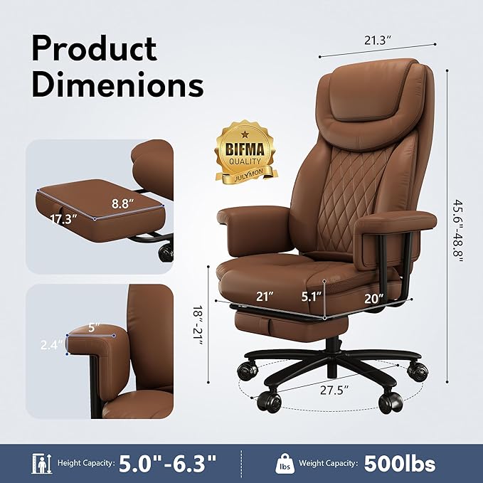 Executive Office Chair Big and Tall 500LBS, 165° Reclining Heavy Duty Office Chair with Footrest & Quiet Rubber Wheels, Height Adjustable, Soft Strong Padded Arms, Brown