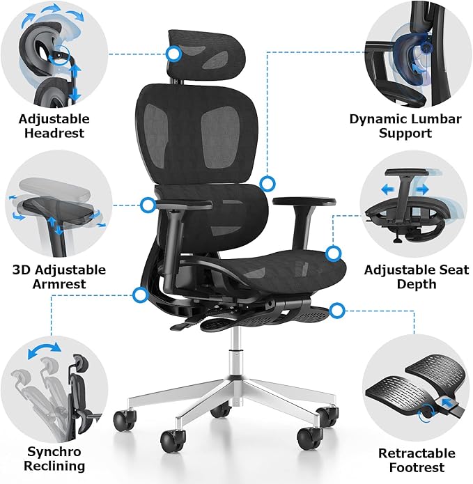 PatioMage Ergonomic Office Chair with Footrest, Big and Tall Desk Chair with Adjustable Lumbar Support, Seat Depth & 3D Armrests, High Back Mesh Computer Chair for Home Office, Black