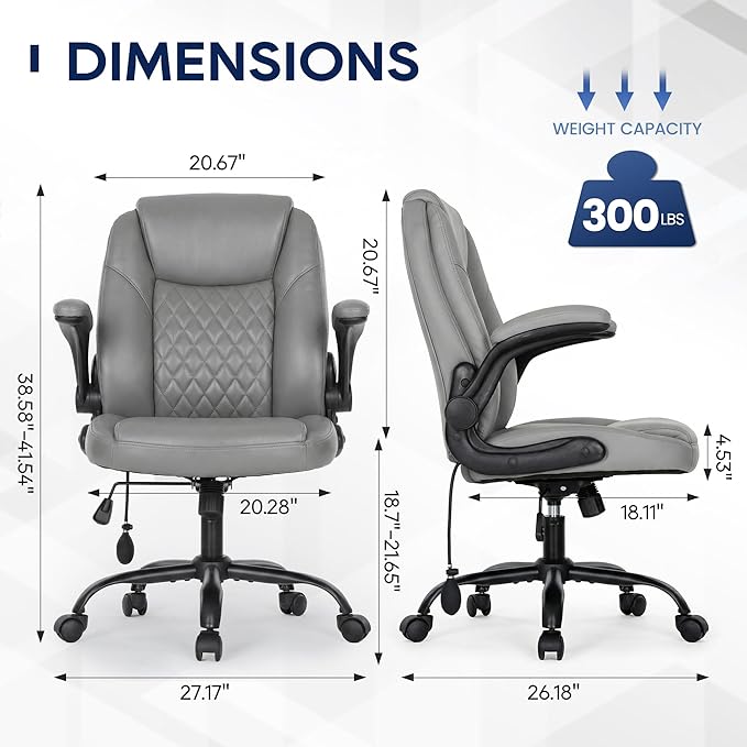 MALOL Leather Office Chair, Home Desk Chair with Adjustable Lumbar Support, Thick Cushion, Flip-Up Arms and Ergonomic Back, Comfy Executive Office Chair for Home Office, Grey