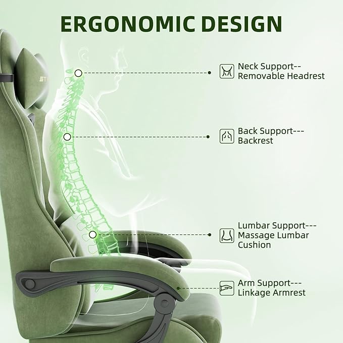 Gaming Chair Racing for Adult, Office Chair with Footrest Massage Lumbar Cushion, Velvet Fabric Reclining Video Game Chairs, Ergonomic Computer Chairs Height Adjustable, for Home Streaming, Green