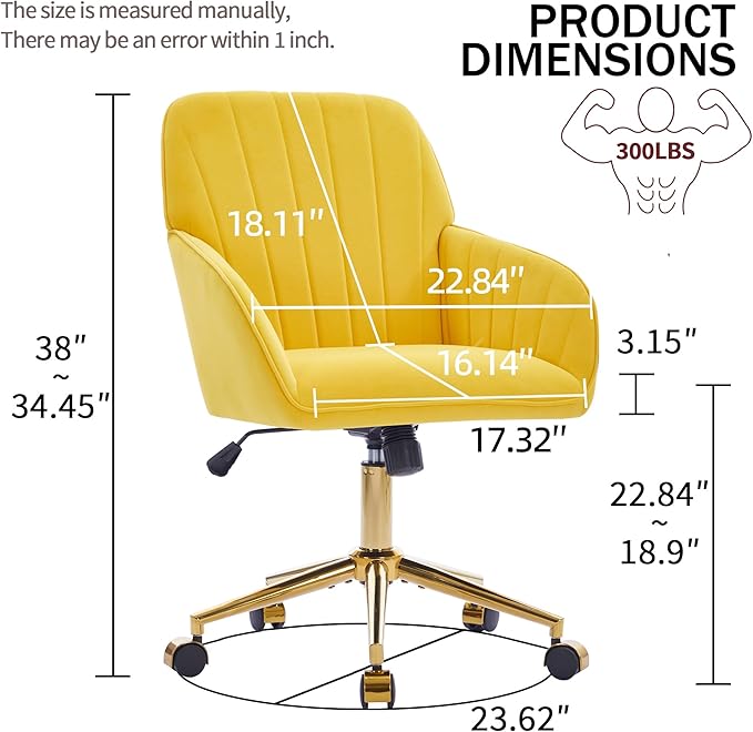 Velvet Home Office Desk Chair, Modern Cute Computer Task Chair with Back, Height Adjustable Upholstered Vanity Chair with Swivel Wheels for Women, Girls (Gold Base, Lemon Yellow