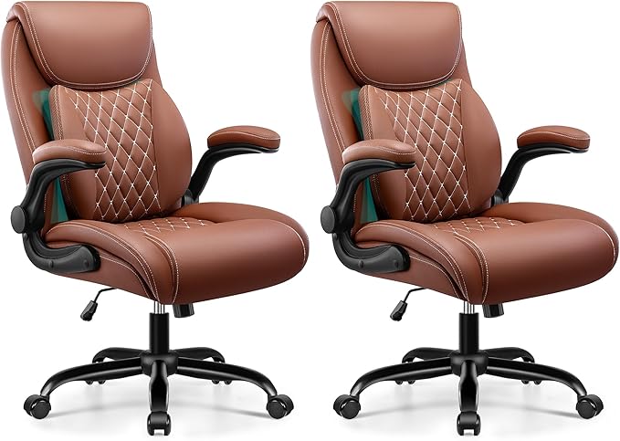 BESTFAIR Office Chair, Ergonomic Computer Desk Chairs with Lumbar Support for Lower Back Pain Relief, Executive Leather Home Chair Comfy with Padded Flip-up Armrests, Brown, 2-Pack