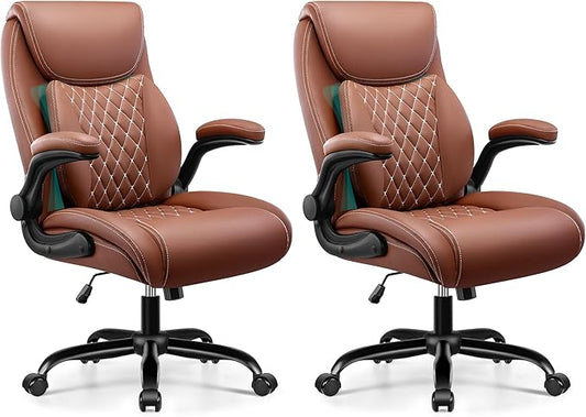 BESTFAIR Office Chair, Ergonomic Computer Desk Chairs with Lumbar Support for Lower Back Pain Relief, Executive Leather Home Chair Comfy with Padded Flip-up Armrests, Brown, 2-Pack