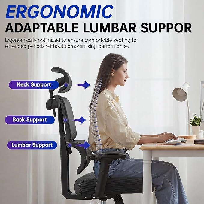 Ergonomic Office Chair, High Back Mesh Computer Chair with Comfortable Adaptive Lumbar Support, Built-in Coat Hanger, SGS Class 4 Gas Lift, Heavy Duty 300lbs for Long Hours Home Office