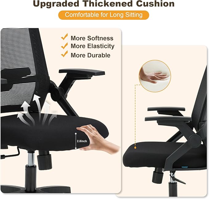 Ergonomic Office Chair, 400lbs Desk Chair with Flip-Up Arms and Lumbar Support, Rolling Work Swivel Chair with Breathable Mesh, High Back Office Computer Chair for Long Hours (Black)