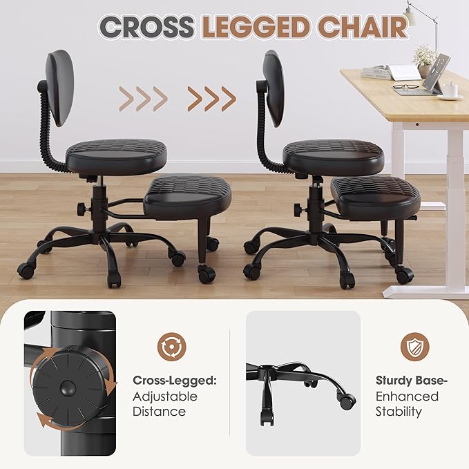 Cross Legged Office Chair, 360° Swivel ADHD Chairs for Adults, Height Adjustable Ergonomic Cross Legged Office Chair with Wheels, Wide Cross Legged Chair for Meditation, Yoga (Black)