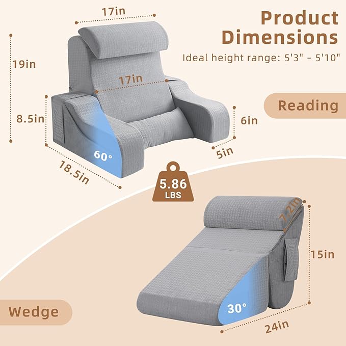 5PCS Reading Pillow for Sitting in Bed Adult, 2 in 1 Foldable Back Wedge Pillow for Sleep, Ergonomic Back Support Pillow with Arms for Watching TV, Gaming, Working, Recovery, 19” Grey