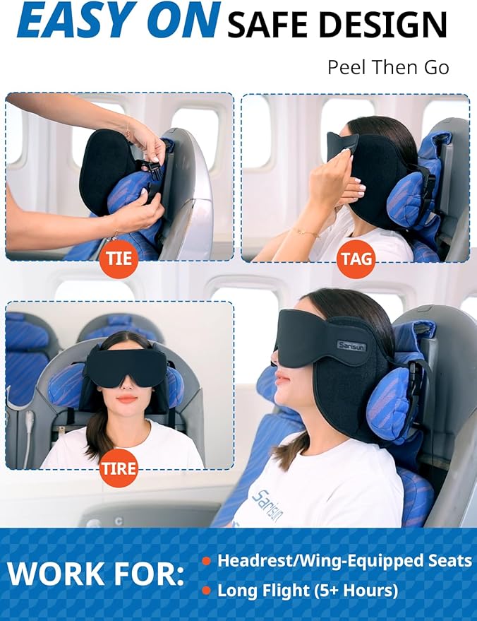 SARISUN Travel Pillow, Upgrade Airplane Pillow for Long Flight, 360° Support Headrest, Travel Neck Pillow Eye Masks for Sleep, Compact Airplane Travel Essentials, Stop Bobblehead, Mottled Blue