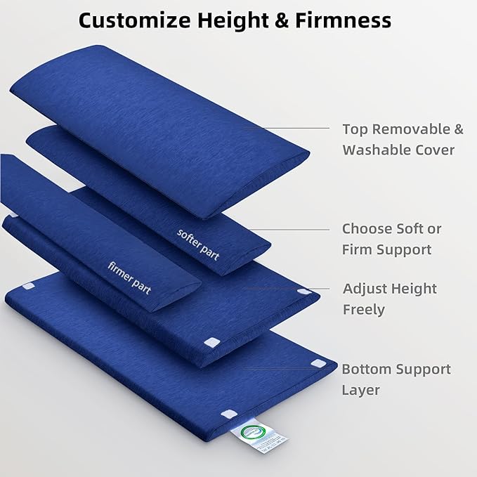 Adjustable Lumbar Support Pillow for Bed & Sleeping, 4-Layer Back Support Cushion with Height Booster, Dual-Firmness Inserts & Washable Cover, Lower Back Pain Relief for Lying Down