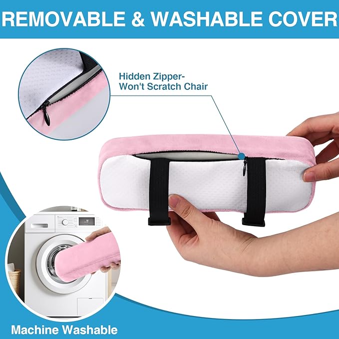 Smiry Ergonomic Office Chair Armrest Pads, Memory Foam Arm Rest Covers, Non-Slip Armrest Cushion with Adjustable Buckles and Straps, Elbow Relief for Desk, Gaming & Wheelchair (Pink, Set of 2)