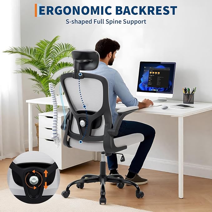 Premium Ergonomic High-Grey Mesh Office Chair - Adjustable Headrest & Reclining Backrest, 360° Swivel - Silent Casters, Skin-Friendly & Durable - Ideal for Bedroom, Dorm & Small Spaces
