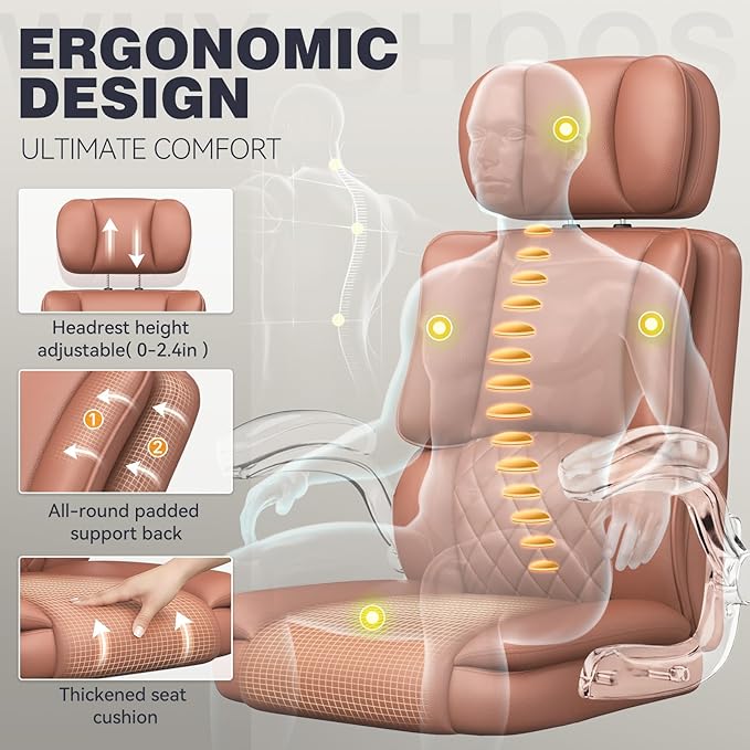 Executive Office Ergonomic Chair, Computer Chair with Adjustable Headrest,PU Leather Desk Chair,High-Back Swivel Task Chair for Home Office with Flip-Up Padded Armrests, 135°Reclining,Brown