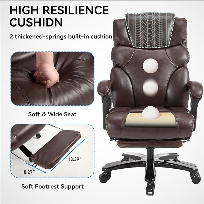 Heavy Duty Executive Office Chair, 550lbs Big and Tall Office Chair with Wide Seat, Reclining Ergonomic Desk Chair with Footrest PU Leather Computer Chair for Home Office, Red Brown