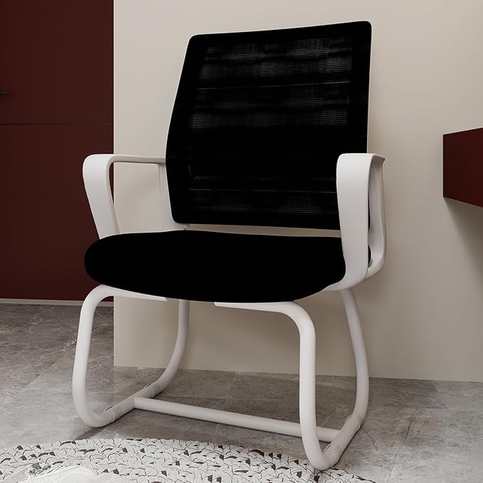 Minimalist Modern Office Chair with Metal Frame – Breathable Mesh Backrest, Ergonomic Support, Comfortable Thick Cushion for Home & Office Use (White+Black)