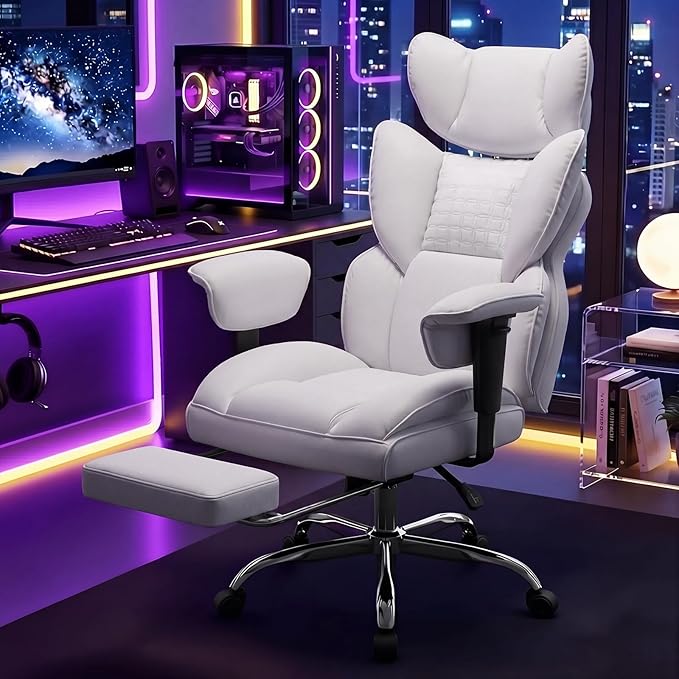 DUMOS Big and Tall Home Office Desk Chair, Gaming Computer Chair, Executive Ergonomic Chair with Footrest, High Back Reclining, Adjustable Armrests and Comfy Lumbar Support, PU Leather, White