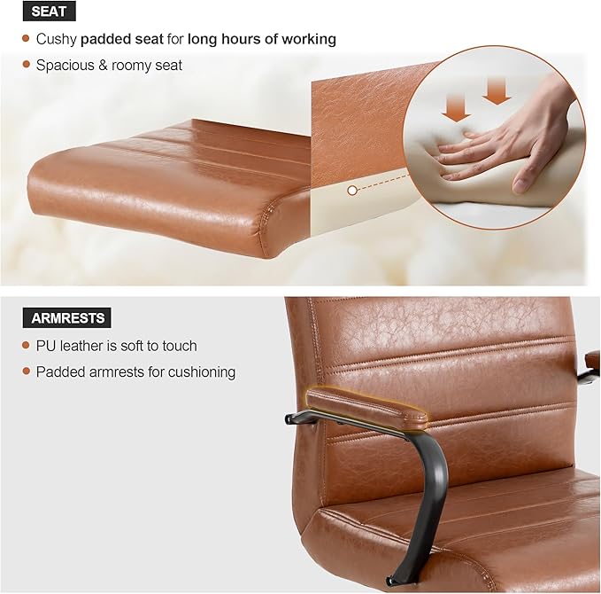 Office Desk Chair,Modern Leather Conference Room Chairs,High Back Home ofiice Chair,Adjustable Height Swivel Executive Computer Chair with Armrest and Padded Seat (Brown with Black Frame)
