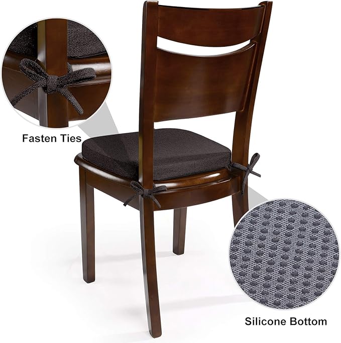 Shinnwa Dining Chair Cushions Set of 4, Non Slip Seat Pads for Kitchen Chairs with Ties, 4 Pack,15x 15.5 inches, Dark Brown