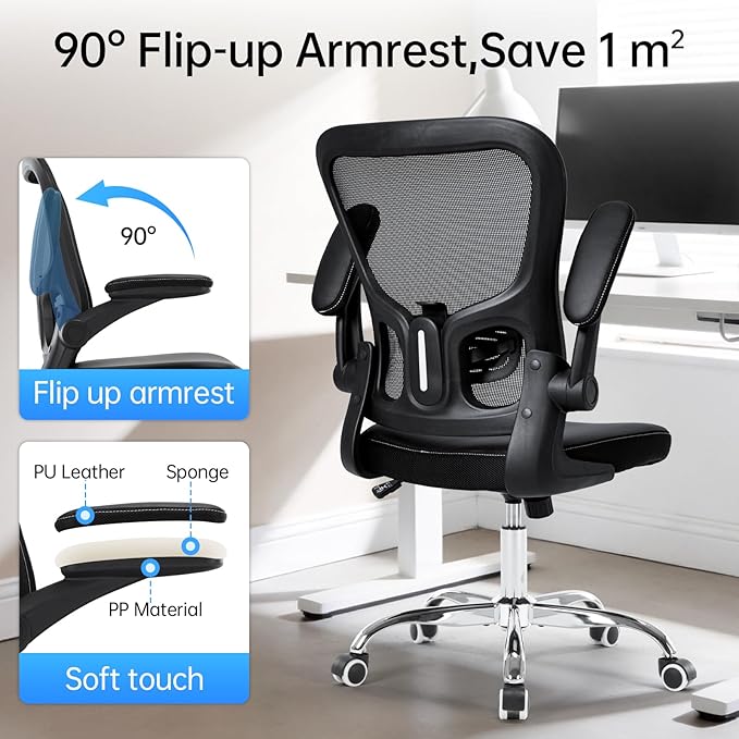 Ergonomic Office Chair Adjustable PU Leather Computer Chair with Lumbar Support,Flip-Up Arms, Breathable Mesh Back, Swivel Rolling Executive Desk Chair for Home Office, Black