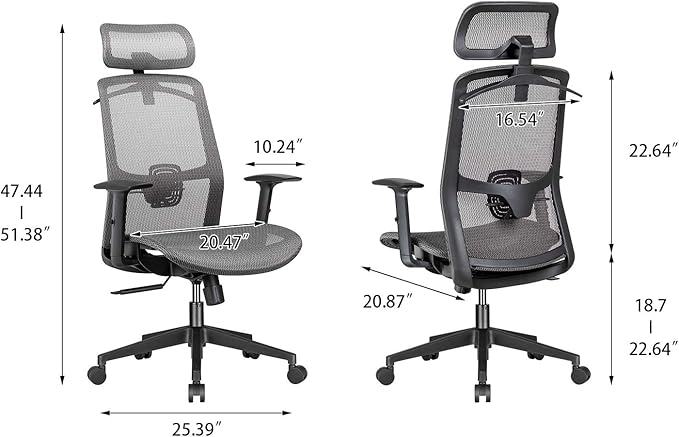Furmax Ergonomic Office Chair Executive Chair with Mesh Seat High Back Computer Desk Chair with Adjustable Headrest Lumbar Support Armrest Rolling Task Chair with Clothes Hanger (Gray)