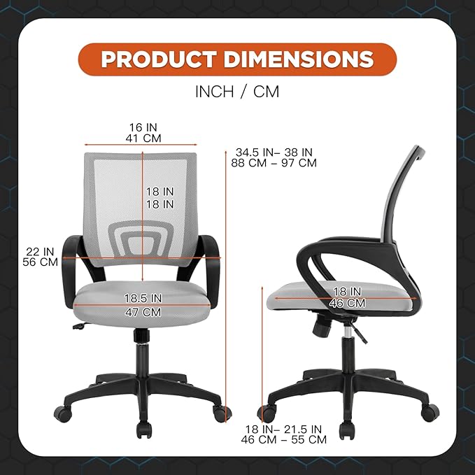 Dopinmin Modern Ergonomic Office Chair, Grey with Lumbar Support, Mesh Back, Rolling, Executive Swivel Computer Chair