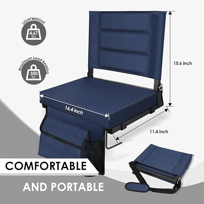 Stadium Seats with Back Support,Bleacher Chairs with Cushion, Portable Folding Stadium Chair with Removable Cushion and Large Pocket for School Events Sports Game(Navy Blue 2 Pack)