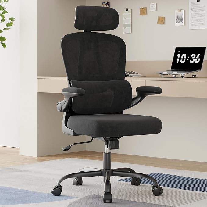Breathable All-Mesh Ergonomic Chair with Headrest - High Back Desk Chair for Cool, Sweat-Free Work Sessions, Silent Casters Perfect for Bedroom Office (Black)