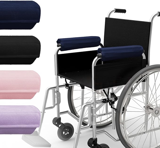 SPRING SEAON Wheelchair Accessories Armrest Covers (Pair), Short Plush Memory Foam Pads, Non-Slip Bottom, Wide Hook-and-Loop Straps, Washable, for Wheelchair/Transport/Office/Gaming Chairs, Navy Blue
