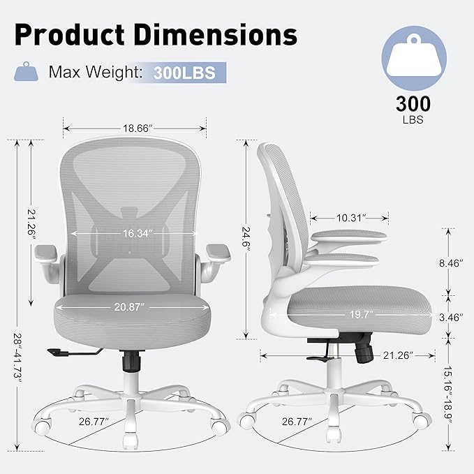 Ergonomic Mesh Office Chair, Computer Chair with Flip-Up Armrests, Adjustable Lumbar Support, Height Adjustable, Smooth Casters, and 360° Swivel, 4PC, Grey