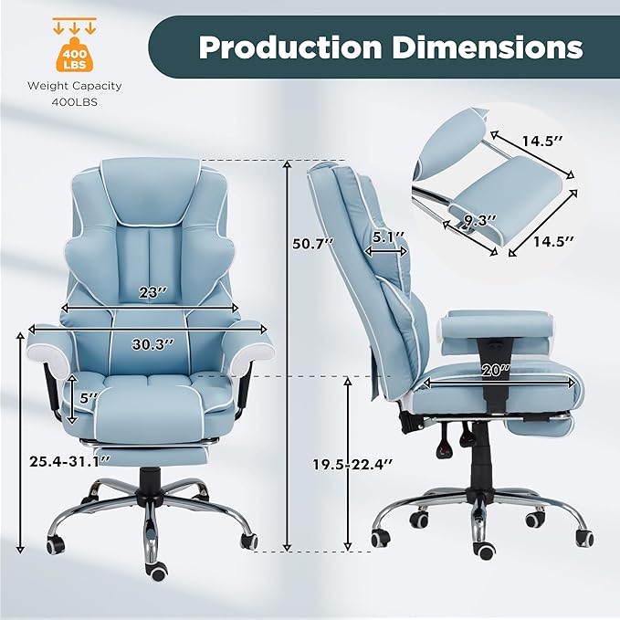 HOMREST Ergonomic Executive Office Chair with 6-Point Vibration & Heat - Reclining Managerial Chair with Adjustable Footrest and Armrests,Big and Tall Leather Home Office Desk Chairs(Airy Blue)
