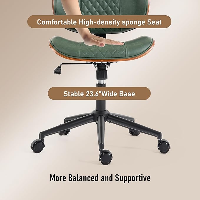 DYHOME Modern Walnut Home Office Chair with Wheels, Executive Office Desk Chair No Arms, Adjustable Height Small Desk Chair, Comfy PU, Deeper Cushion, Mid Back 360 Swivel Computer Chair, Green