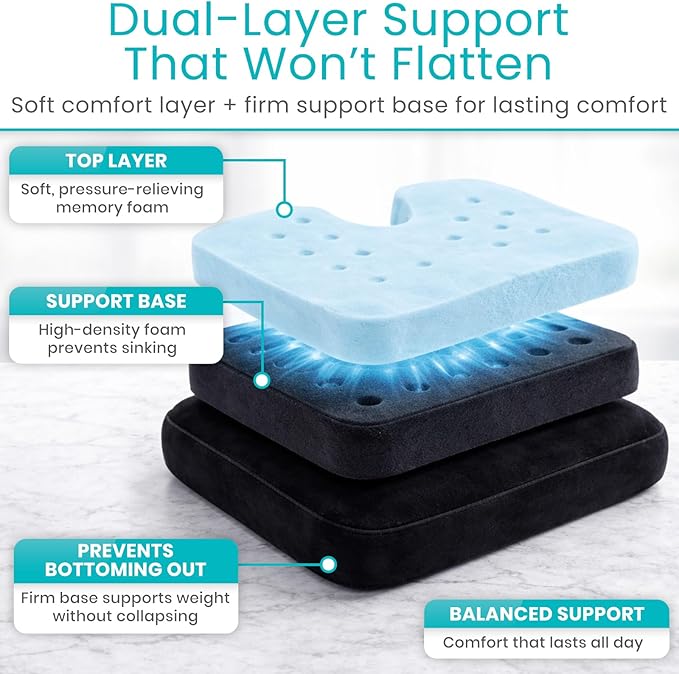 Vive Memory Foam Seat Cushion – Tailbone Pain Relief, Sciatica, Coccyx & Back Support for Office Chair, Car Seat, Wheelchair & Airplane, Water-Resistant Cover, 2-Layer Foam Comfort, Wheelchair (Black)