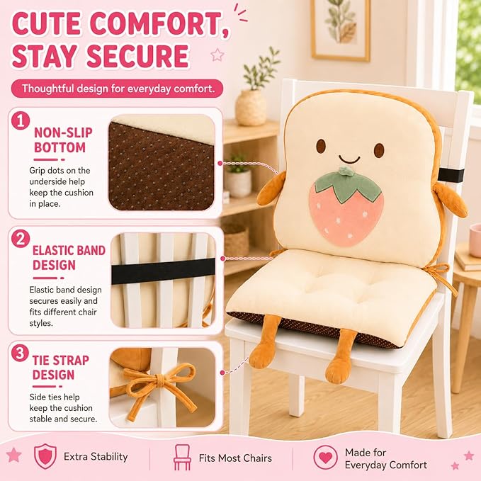 ChezMax Chair Cushion Plush Detachable Seat Back Cushion with Ties Thickened Chair Pads Toast Cartoon Waist Pillow for Outdoor Car Office Patio Bedroom Living Room Strawberry