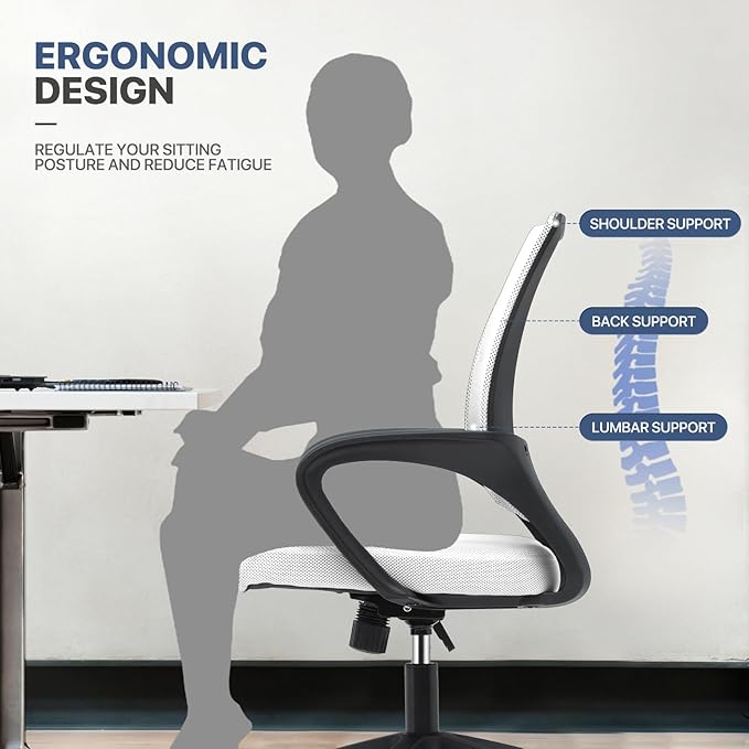 MoNiBloom Mesh Office Chair, Ergonomic Computer Chair for Adults, Rolling Swivel Mid-Back Desk Chair with Lumbar Support, Comfy Armrest for Home Office, Gaming, White