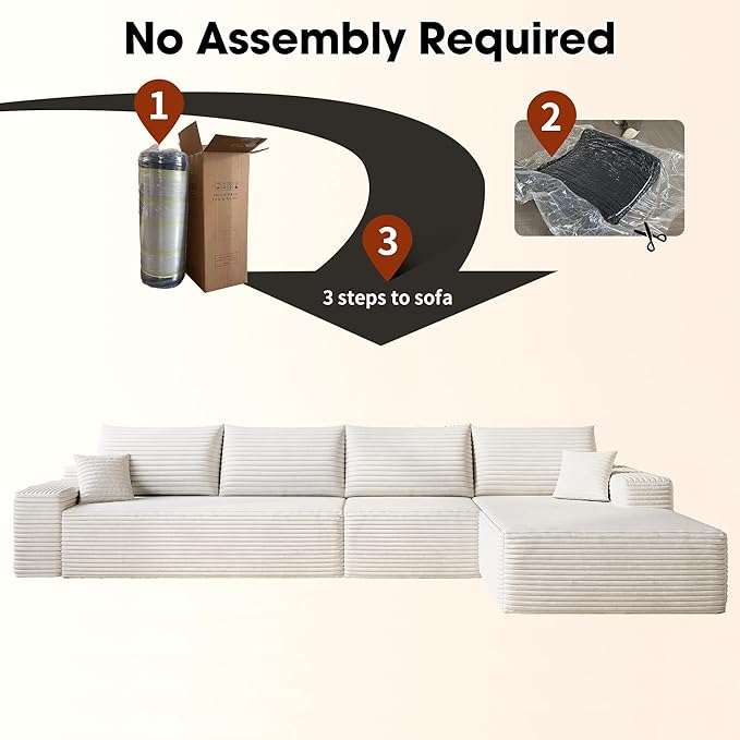 135" Corduroy Couch Sectional with Chaise, L Shape Boneless Cloud Couches for Living Room Bedroom, Fluffy Deep Seat Compression Sofa, Modular Corner Couch No Assembly, Right Facing Chaise, White