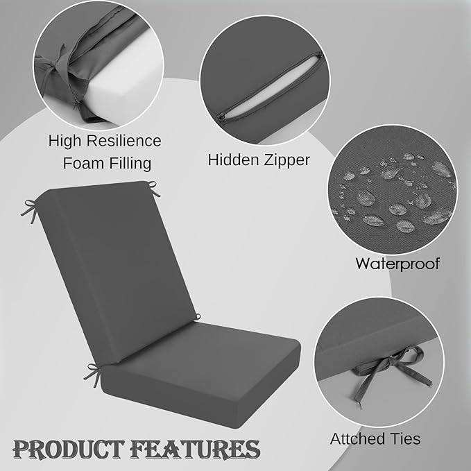 idee-home Outdoor Patio Dining Chair Cushion, High Back Density Foam Chair Cushions Seat with Removable Cover, WeatherResistant Indoor Deep