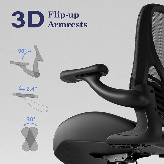GYI Ergonomic Office Chair, Computer Desk Chair with Memory Foam Seat, Technical Mesh Back, 3D Flip-up Arms, Adjustable Lumbar Support&Height, Wheels for Home or Office, Black