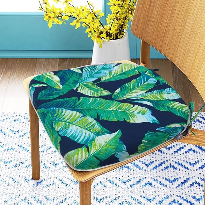 Magpie Fabrics 17"x16"x2" U-Shape Chair Cushions with Ties 2 Count, Outdoor Indoor Waterproof All Weather Seat Pads Decoration for Patio Garden Dining Office - Green Lagoon Leaves