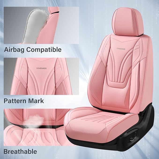 Coverado Car Seat Covers Front Seats, 2 Piece Car Seat Protector with Lumbar Support & Removable Headrest, Breathable Leather Seat Cushion Universal Fit for Truck Automotive Vehicles Pink