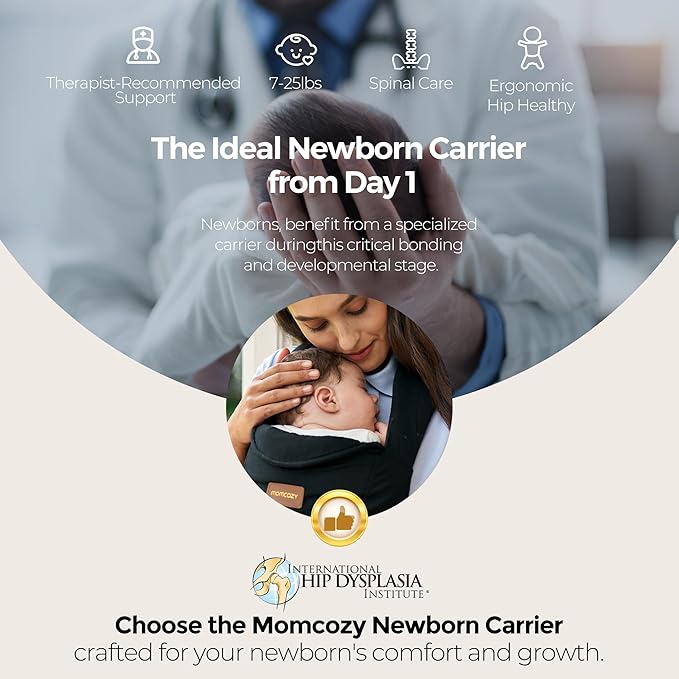 Momcozy Newborn Carrier WeeSnug- Lightweight and Cozy Comfort for 7-25 lbs, Ergonomic Cross-Back Support, Effortless to Put On, Hands-Free Baby Carrier with Lumbar Support, Black