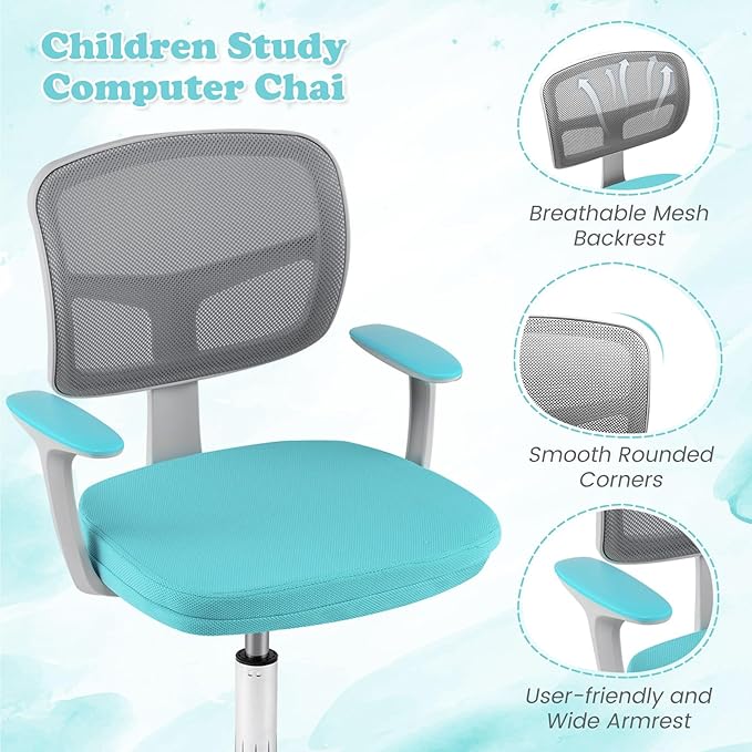 Giantex Kids Desk Chair, Ergonomic Adjustable Teen Task Chair w/Y-Shaped Lumbar Support, Armrest & Universal Wheels, Mesh Kid Office Chair for Sturdy, Kids Computer Chair for Boy Girl 4-12, Turquoise