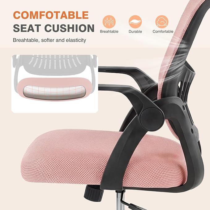 Sweetcrispy Home Office Managerial Executive Chair, Flip Up Armrest Ergonomic Mesh Adjustable Swivel Mid-Back Computer Desk Chair with Comfortable Lumbar Support, Comfy Arms for Bedroom,Blak&Pink