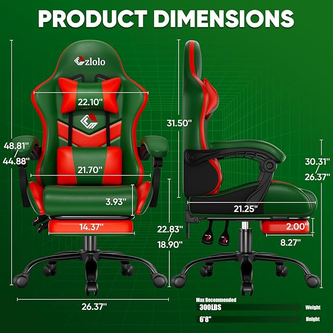 Czlolo Gaming Chair, Lumbar Support Massage Computer Chair, High Back Gamer Chair, with Footrest and Headrest, Lumbar Pillow, Recline, Wide Seat, Gaming Chairs for Christmas/Birthday Gifts, Green
